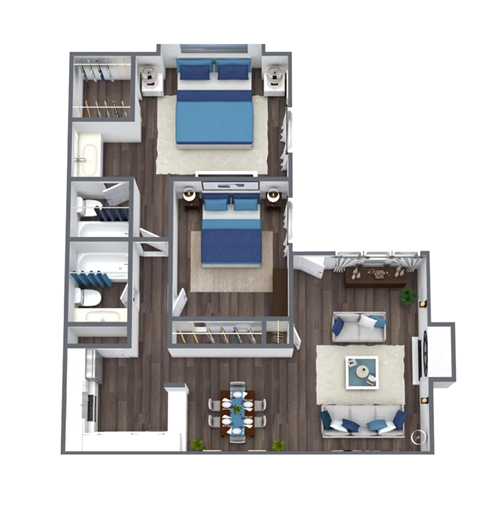 Floor plan for 2 beds, 2 baths, 963 sqft